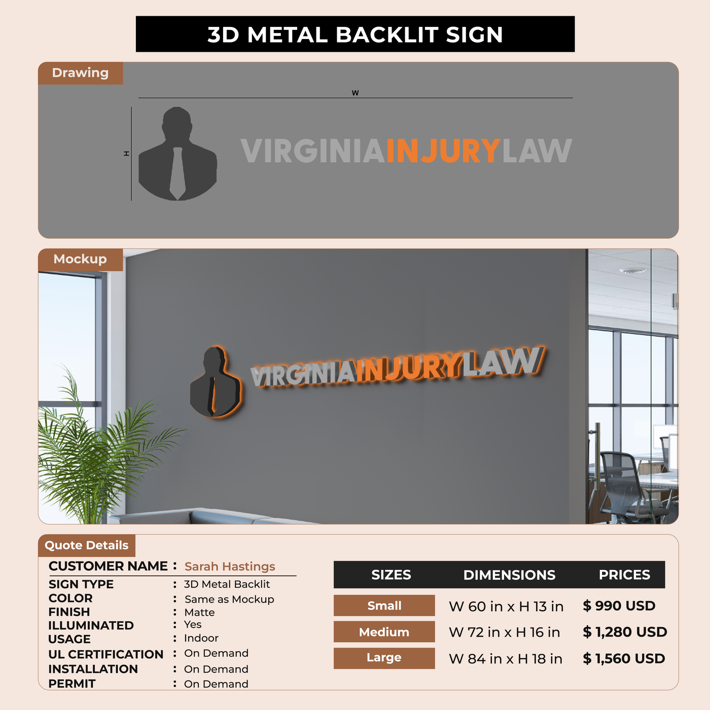 3D Metal Backlit Sign for Sarah Hastings