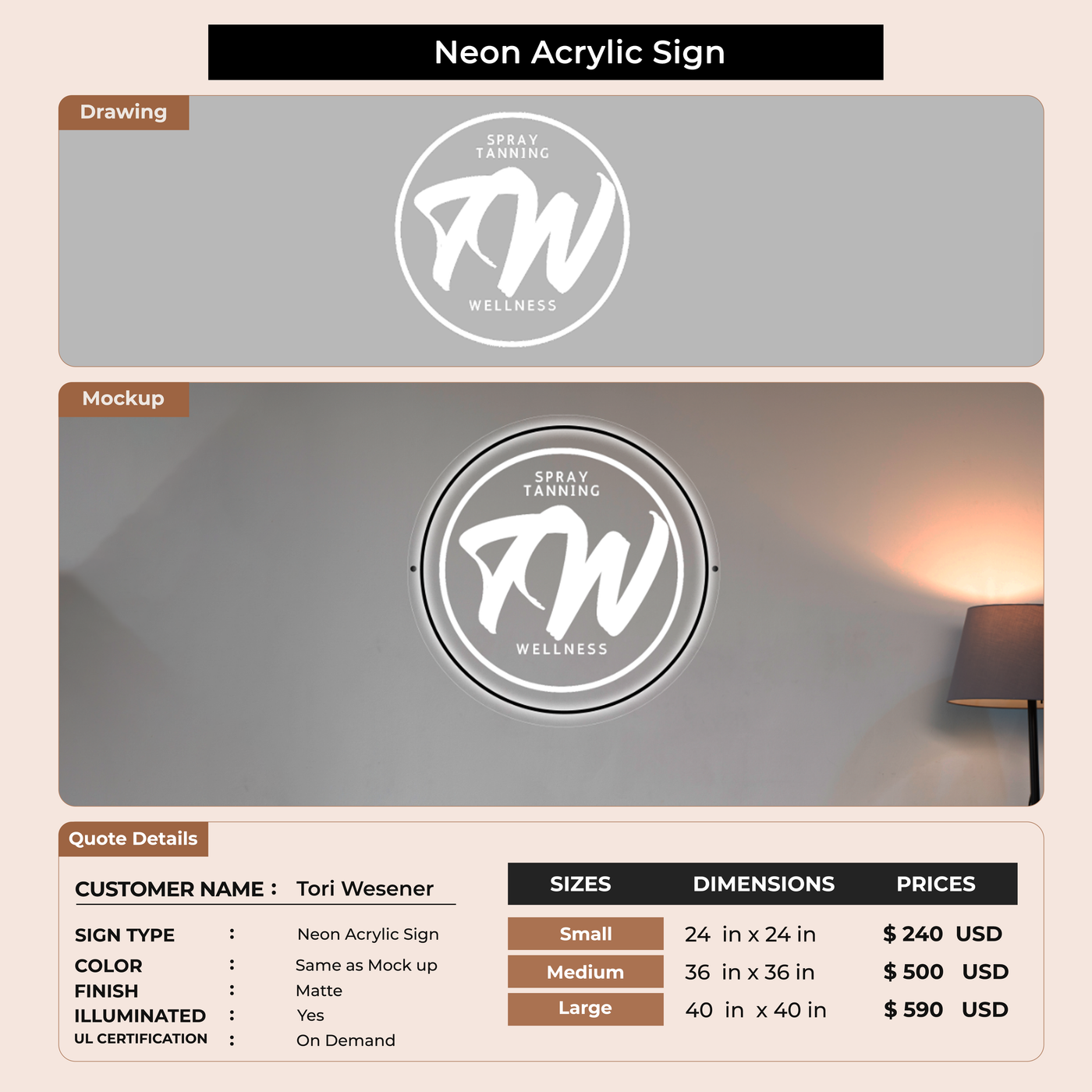 Neon Acrylic Sign For Tori Wesener
