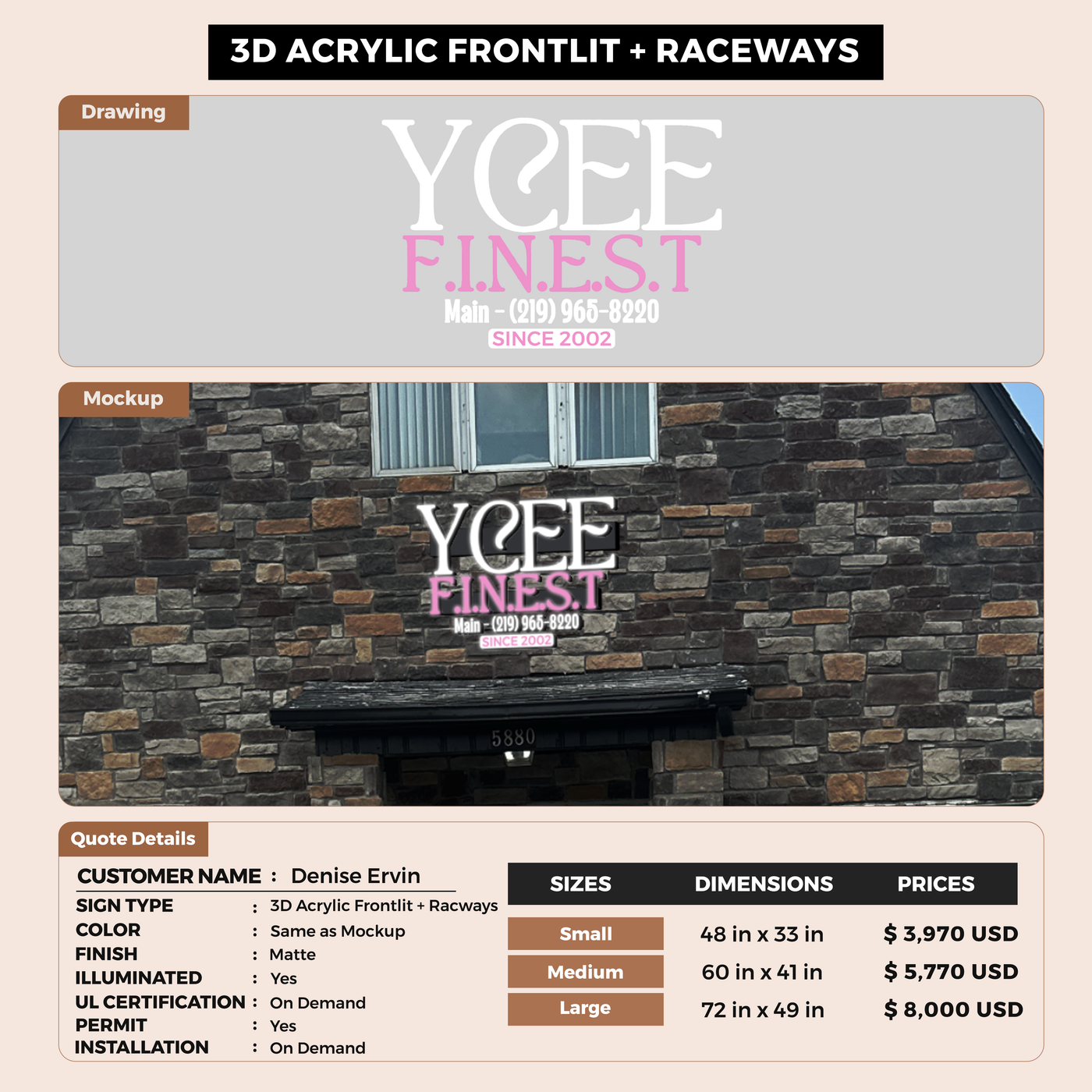 3d acrylic frontlit with raceways for Denise Ervin