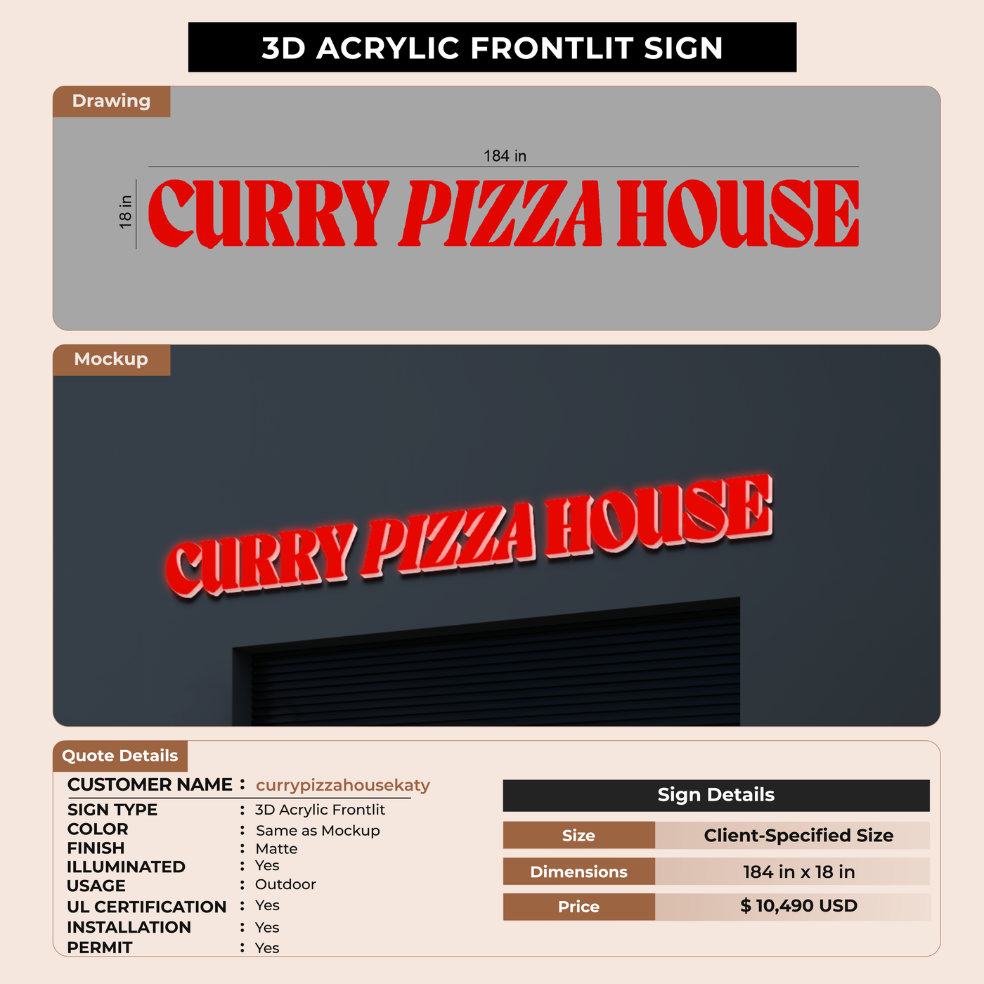 3d acrylic Frontlit sign for currypizzahouse