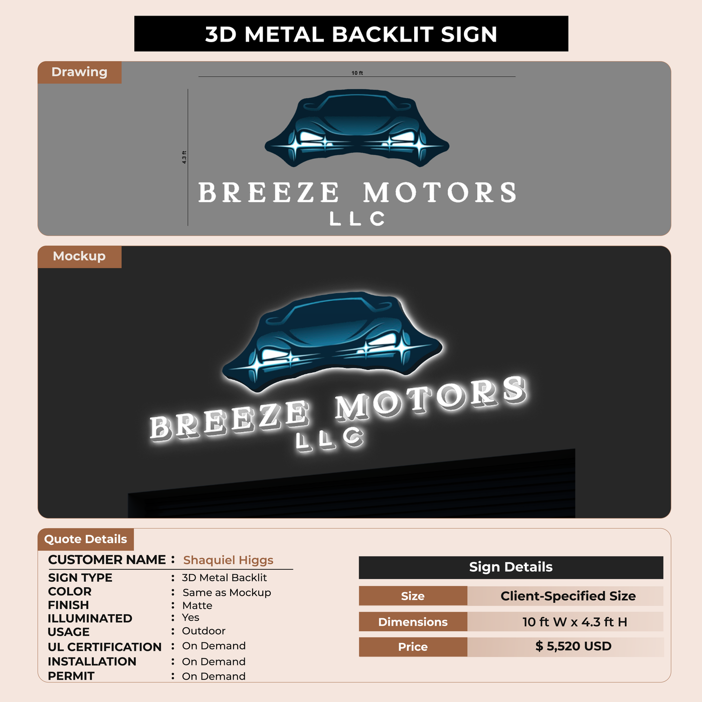 3D Metal Backlit Sign For Shaquiel Higgs