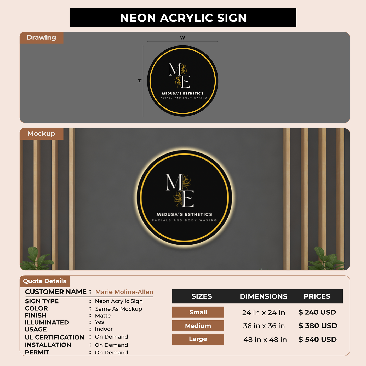 Neon acrylic backlit sign for Marie Molina-Allen