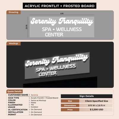 3D Acrylic frontlit sign with clear acrylic board for Serena