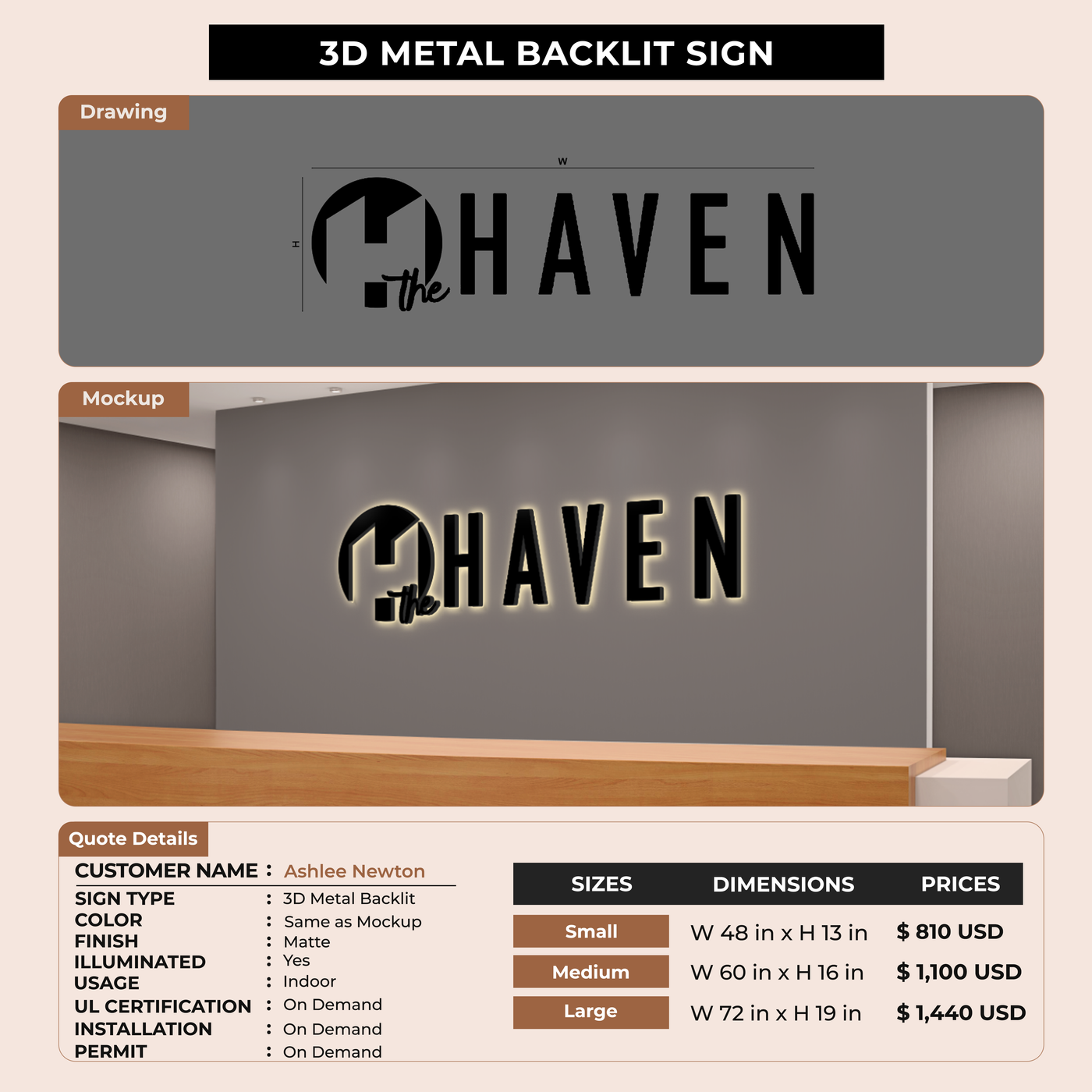 3D Metal Backlit Sign for Ashlee Newton