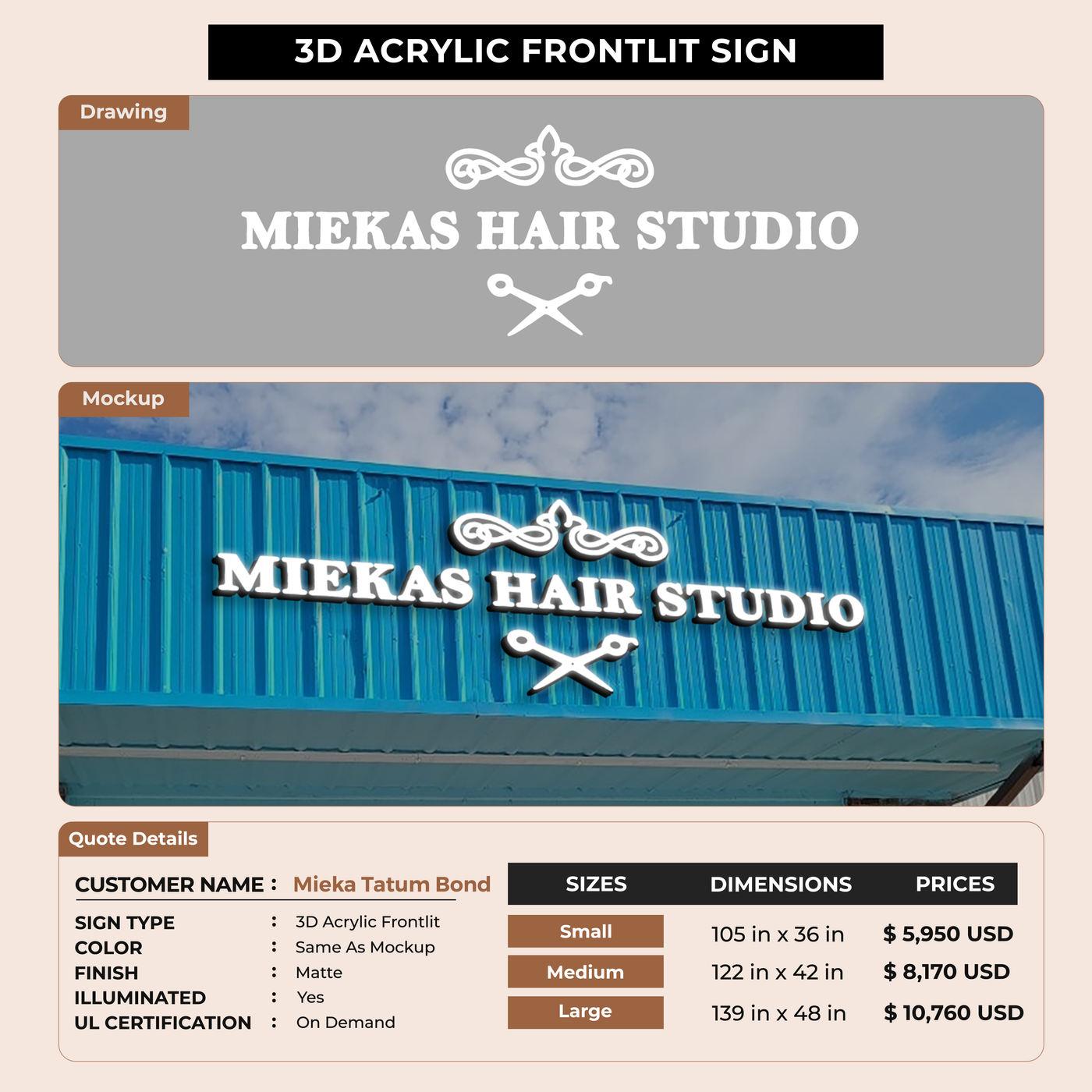 3D Acrylic Frontlit Sign for Mieka Tatum Bond