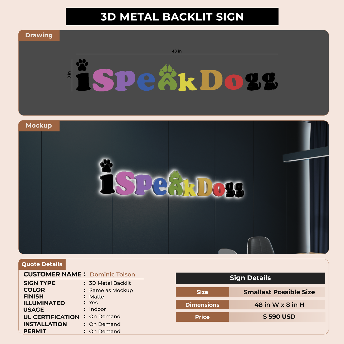 3D Metal Backlit Sign for Dominic Tolson