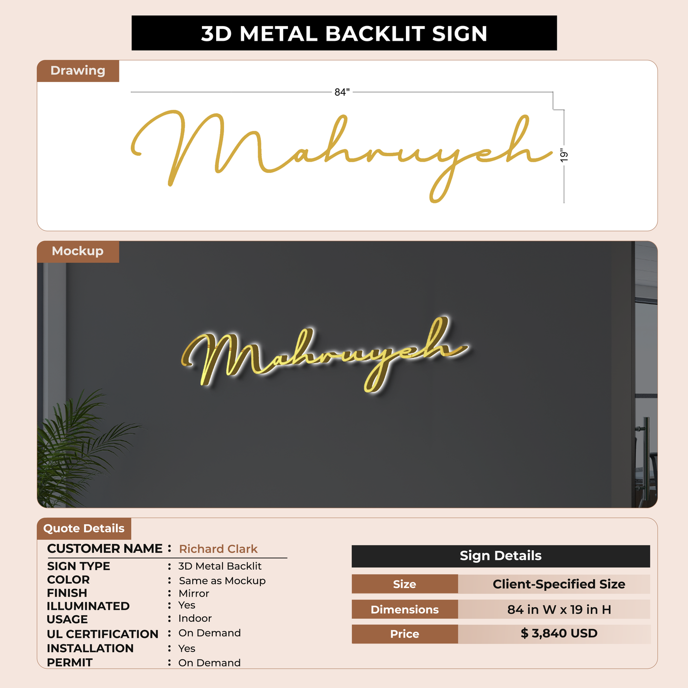3D Metal Backlit Sign for Richard Clark