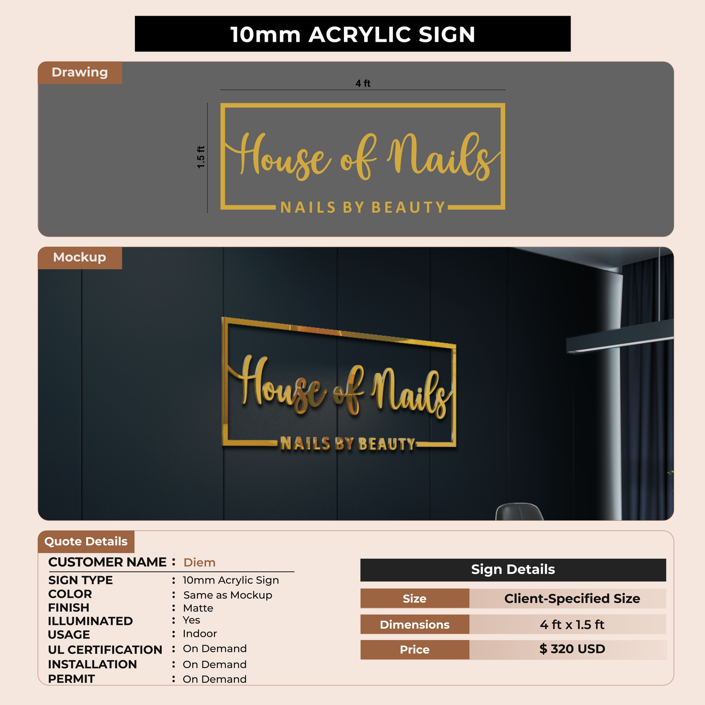 10mm Acrylic sign for Diem