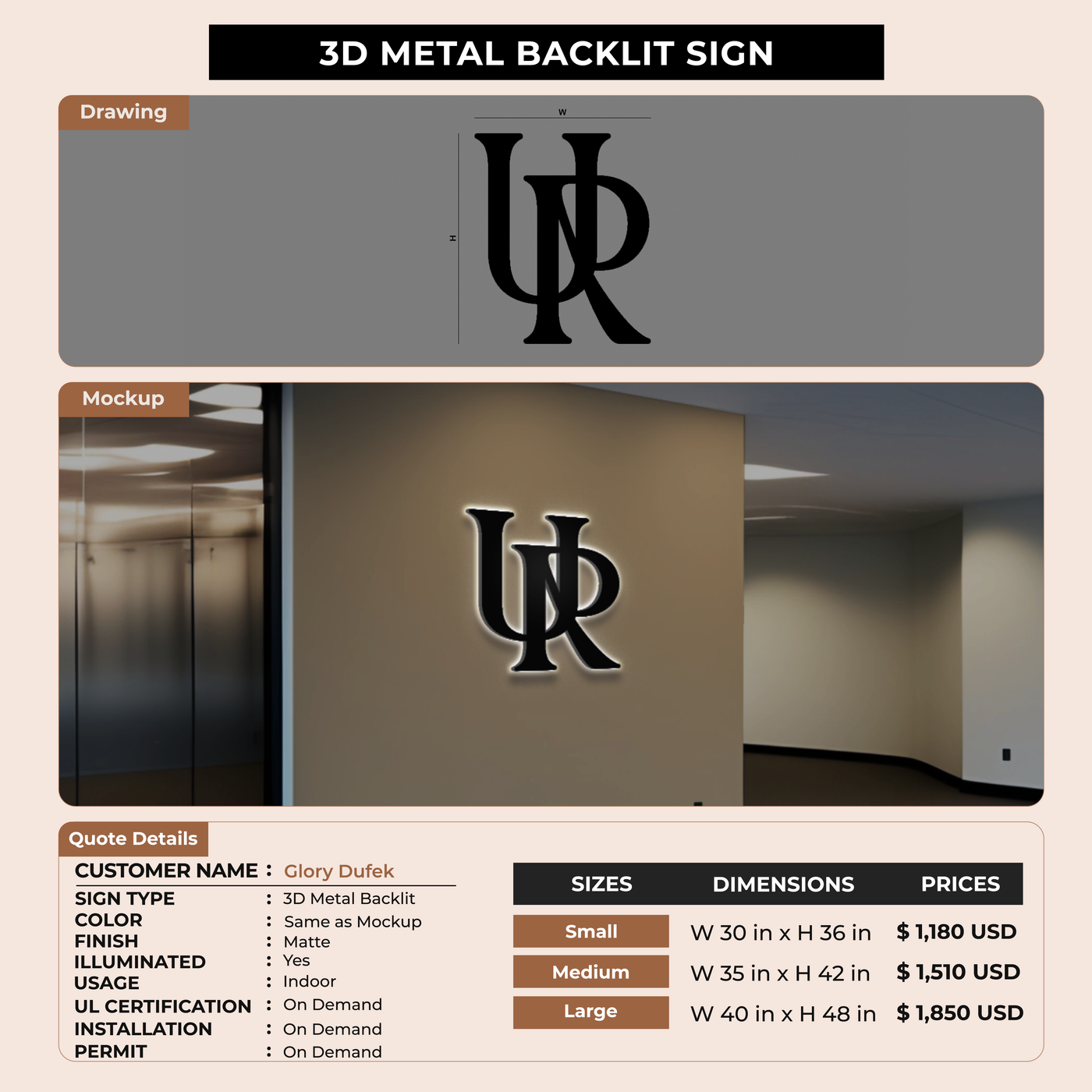 3D Metal Backlit Sign for Glory Dufek