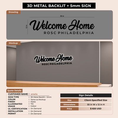 3D Metal Backlit with 5mm Metal Sign for amelia