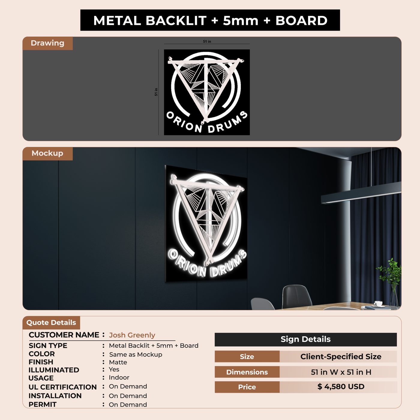 3D Metal Backlit Sign for Josh Greenly