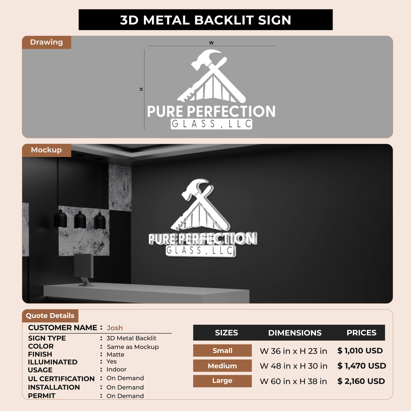 3D Metal Backlit Sign for Josh