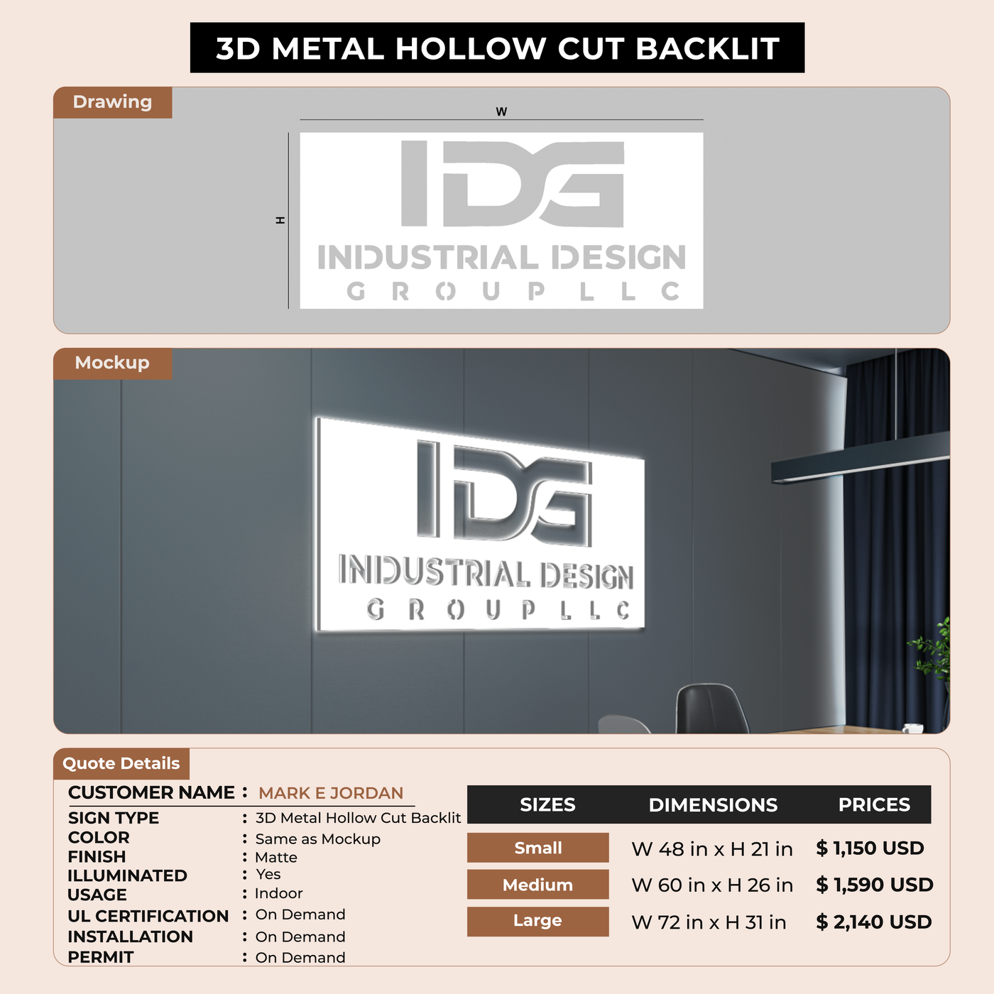 3D Metal HollowCut Backlit Sign for MARK E JORDAN