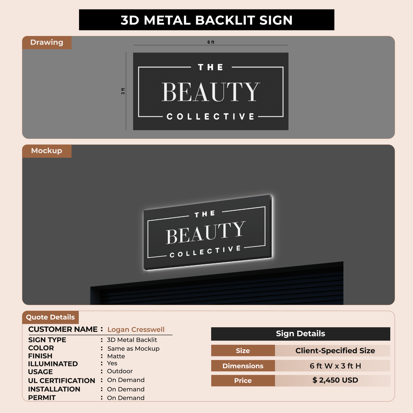 3D Metal Backlit Sign for Logan Cresswell