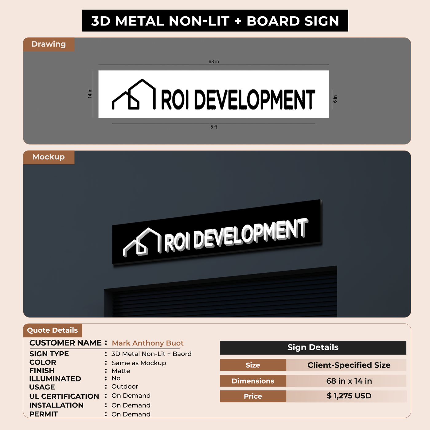 3D Metal Non-lit Sign with backboard For Mark Anthony Buot