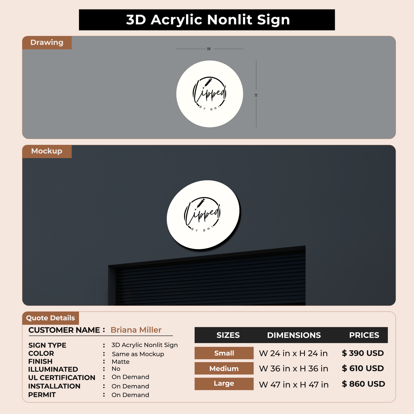 3D Acrylic Non-lit Sign for Briana Miller