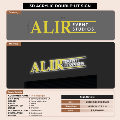 3D Acrylic Double-lit Sign for Toni Rudolph