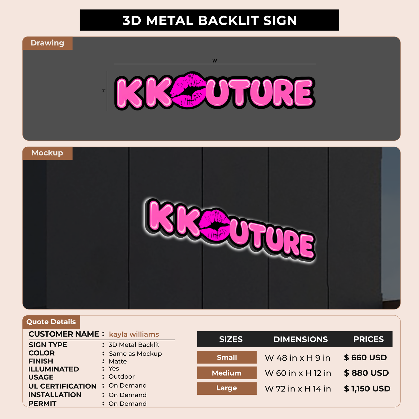 3D Metal Backlit Signage for kayla williams