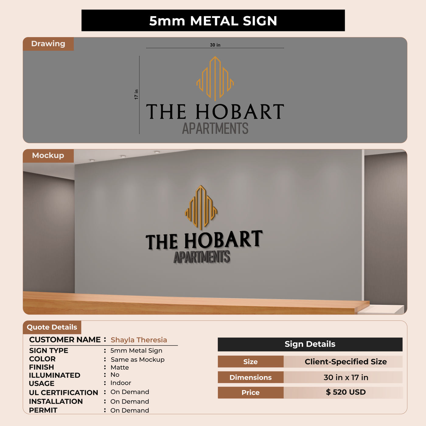 5mm metal sign for Shayla Theresia