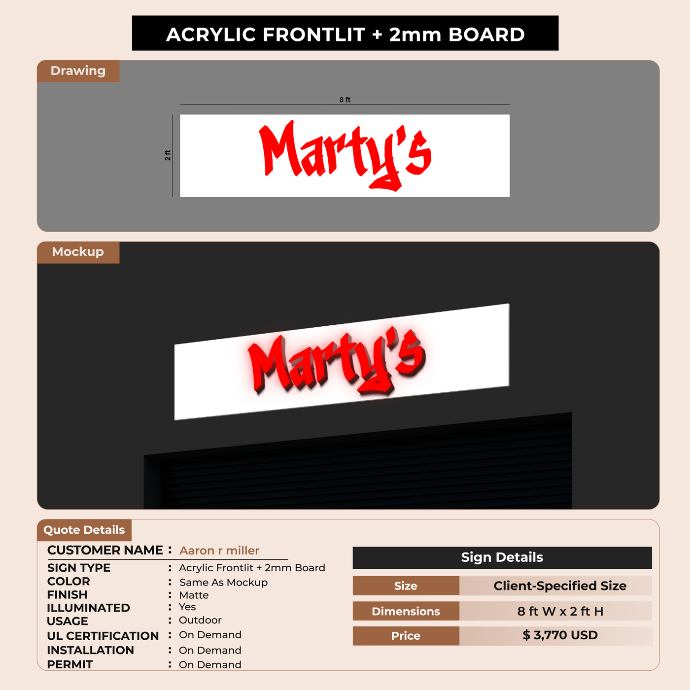 Acrylic Frontlit with 2mm Metal Backboard sign for aaron r miller