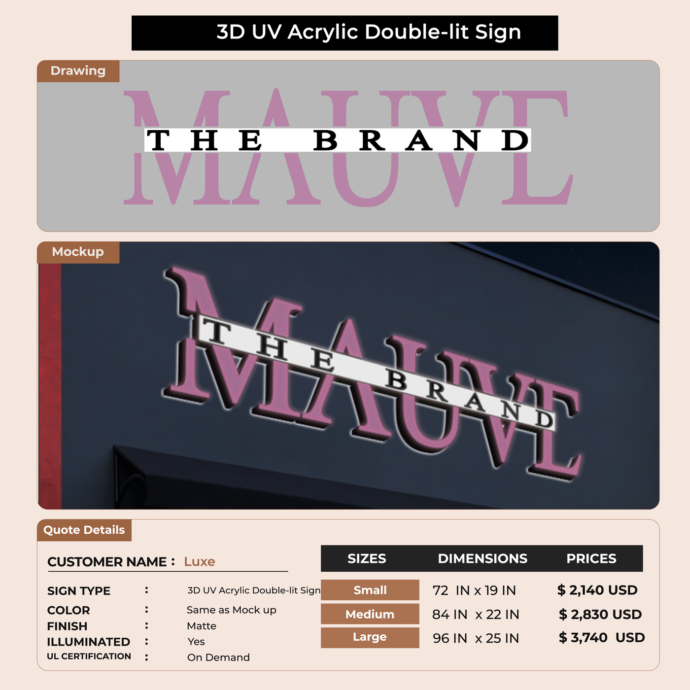 3D UV Acrylic Double-lit Sign For Luxe
