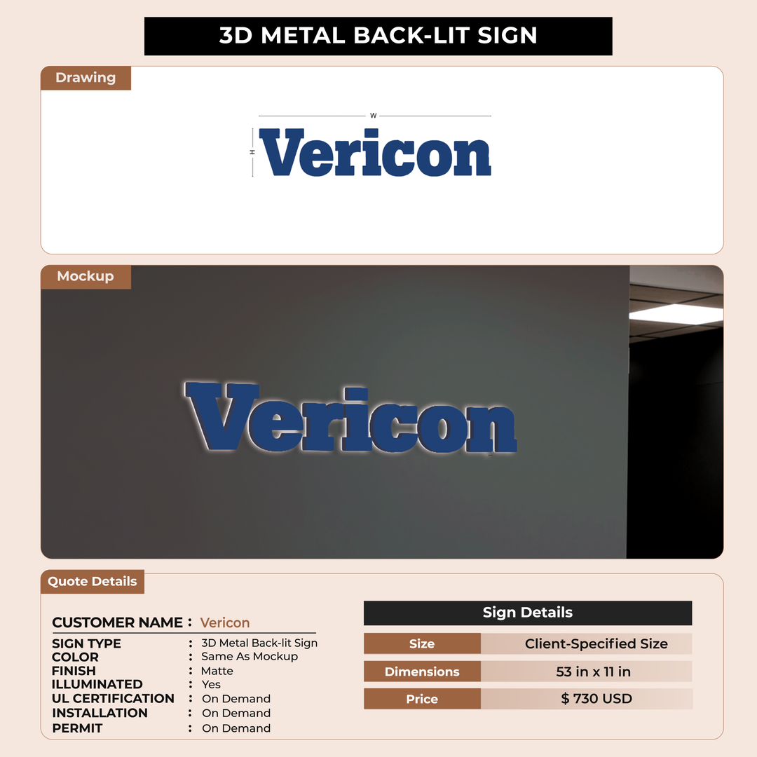 3D Metal Backlit Sign for Vericon