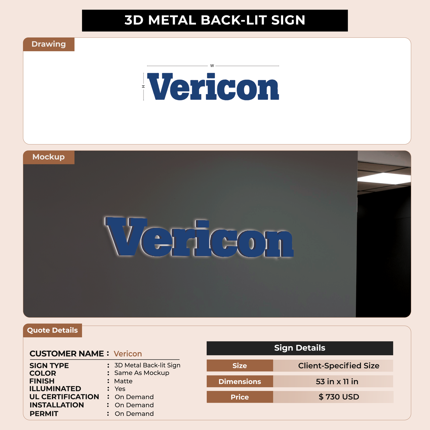 3D Metal Backlit Sign for Vericon