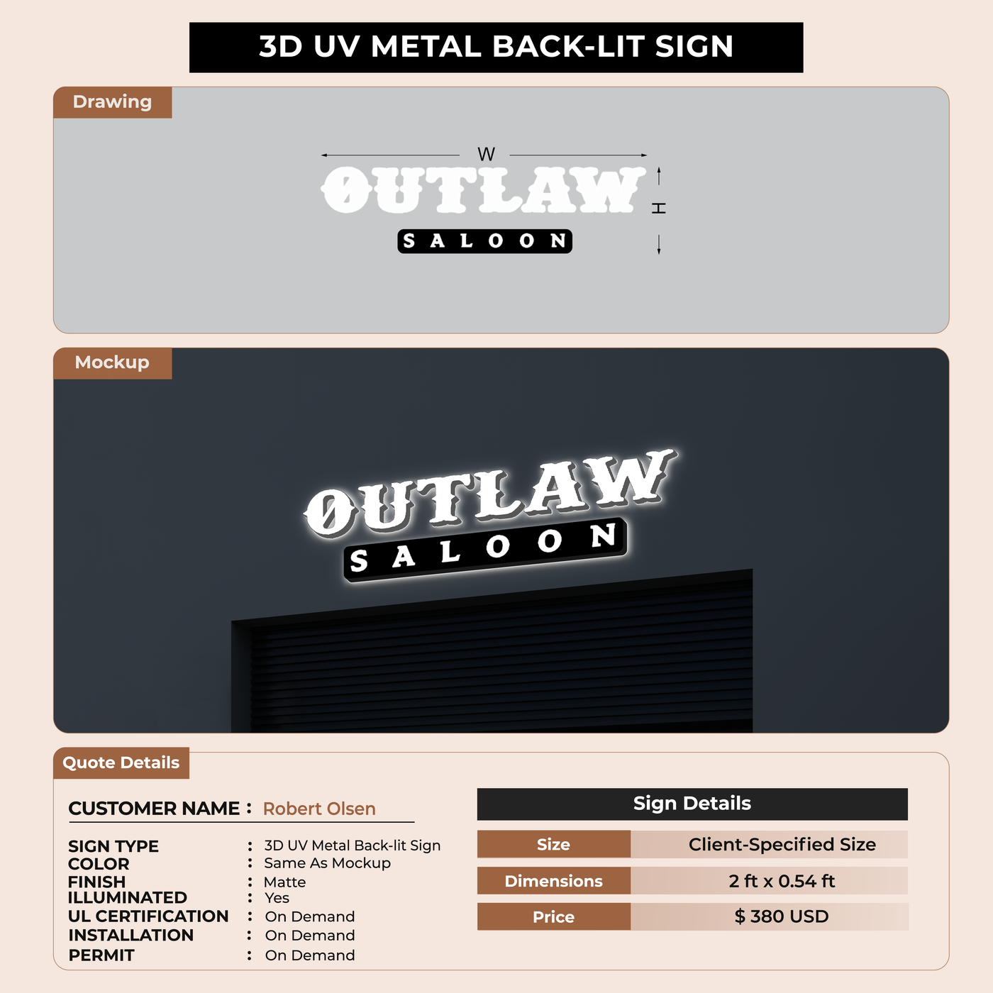 3D UV Metal Backlit SIgn for Robert Olsen
