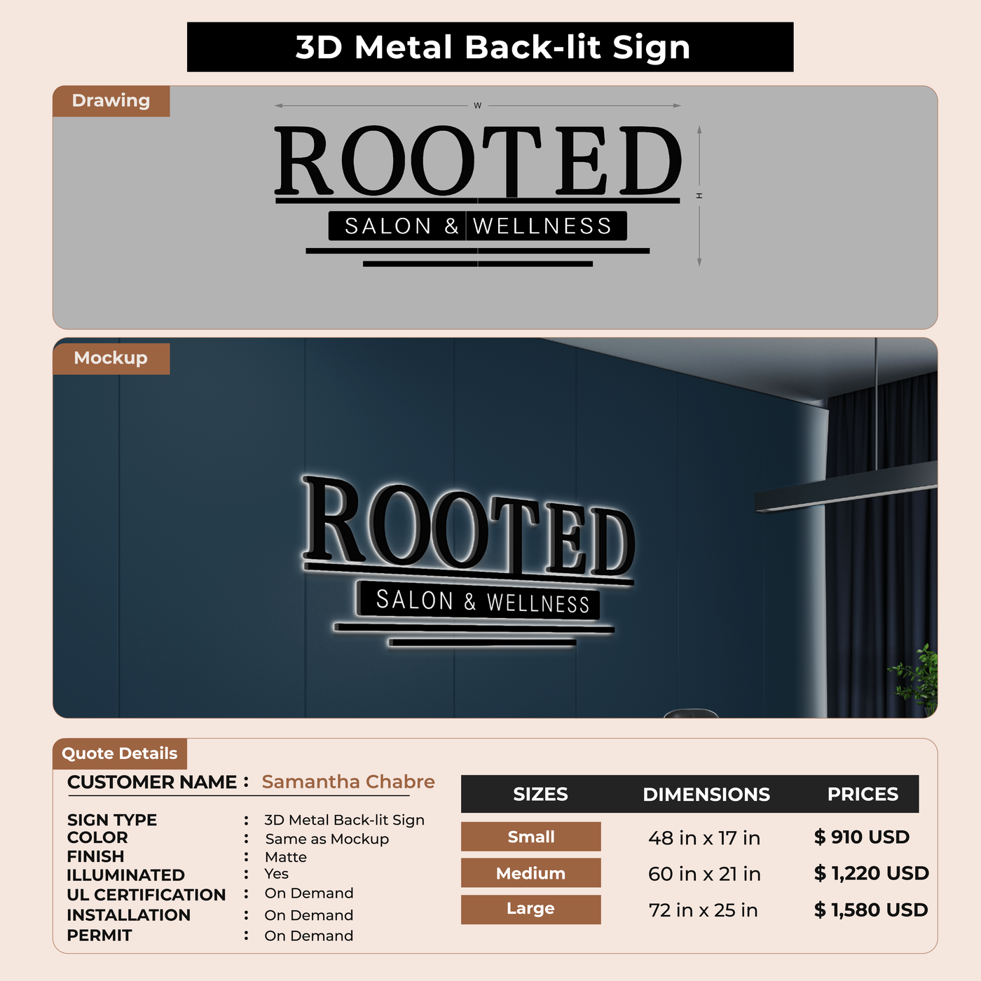 3D Metal Back-lit Sign For Samantha Chabre