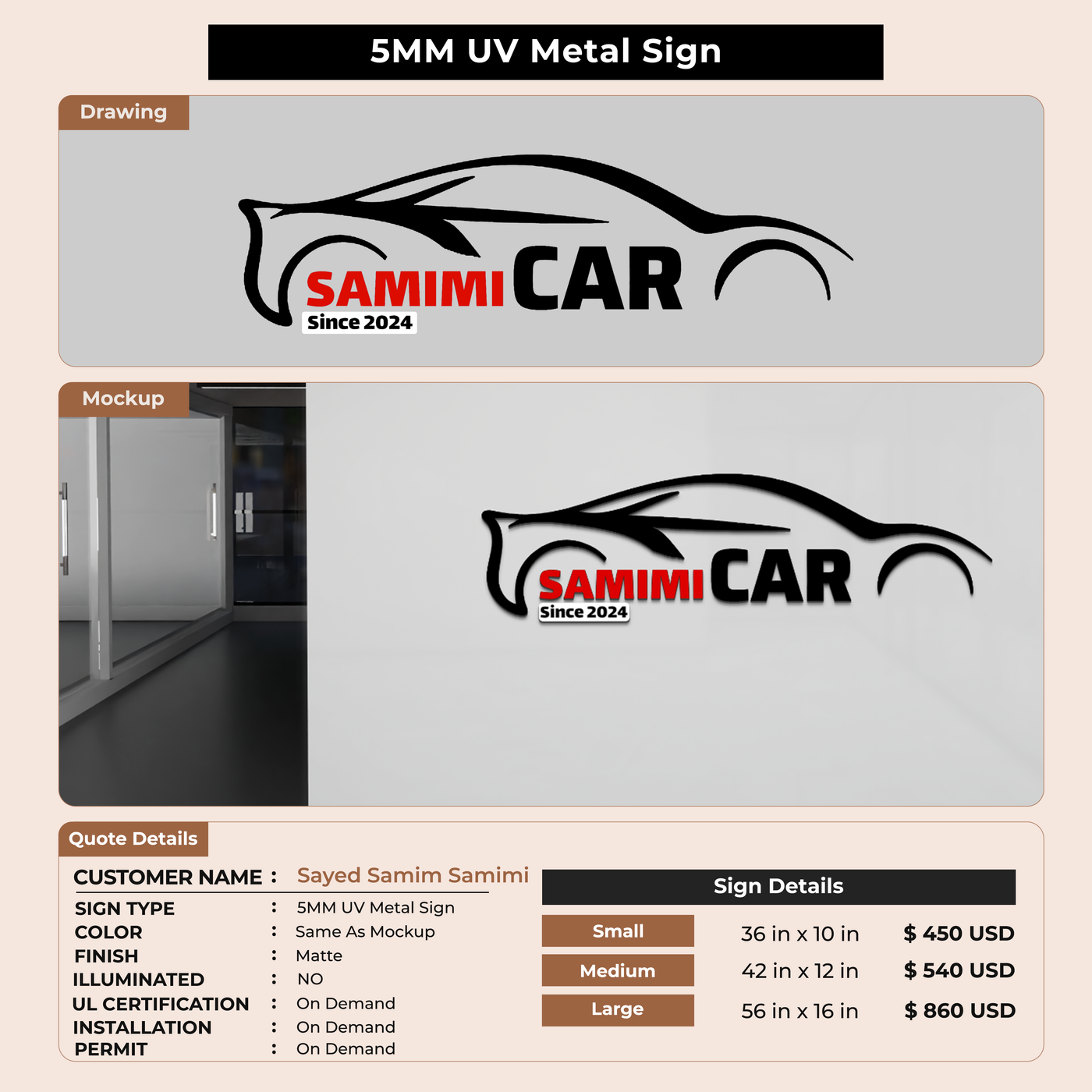 5MM UV Metal Sign For Sayed Samim Samimi