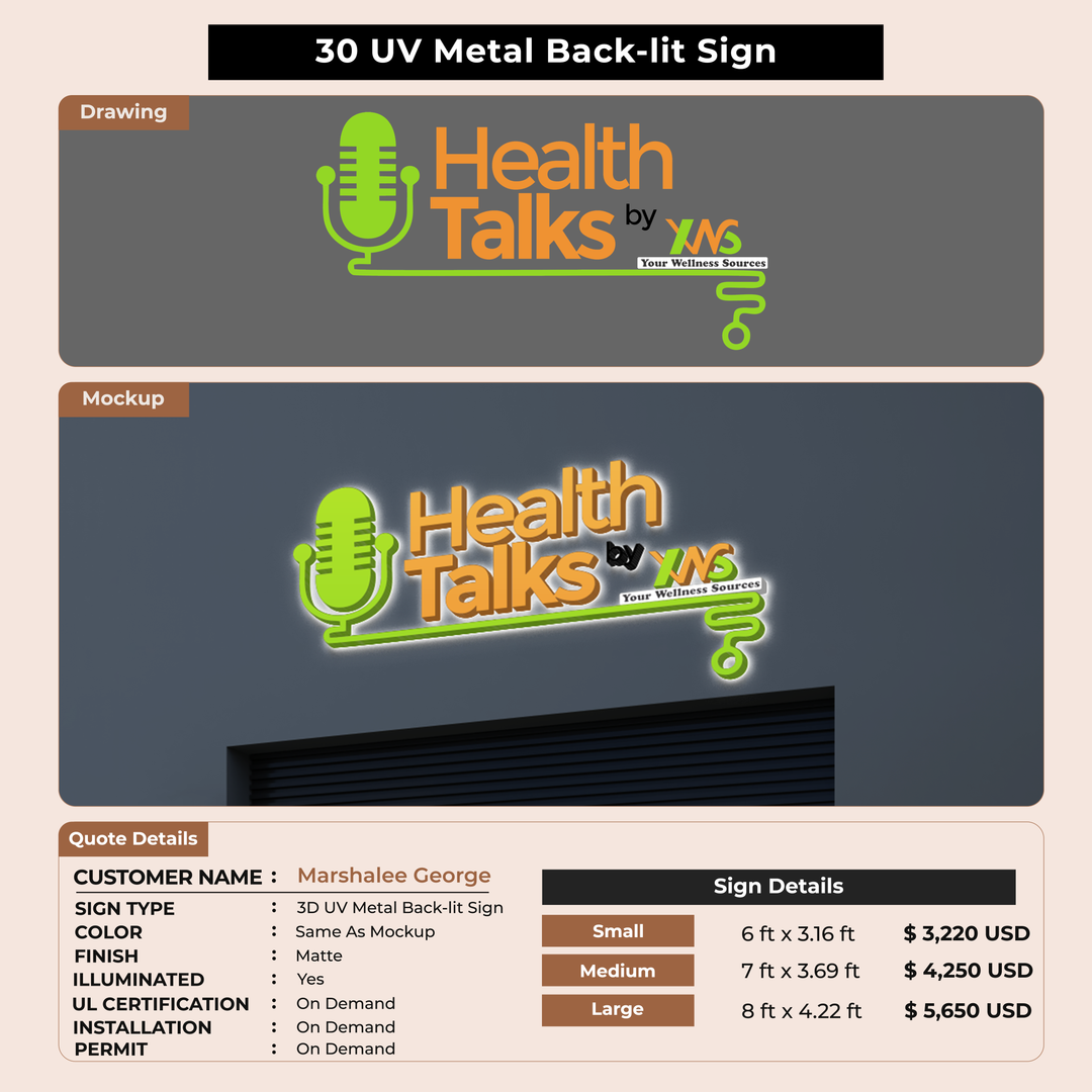 3D UV Metal Back-lit Sign For Marshalee George