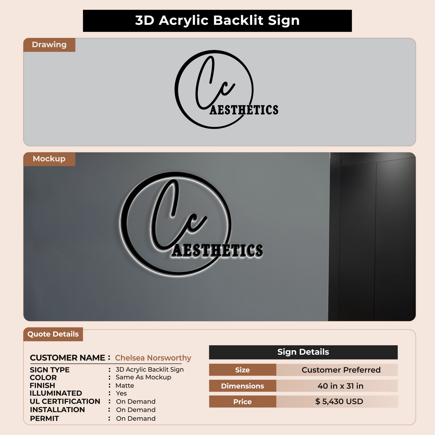3D Acrylic Backlit Sign for Chelsea Norsworthy
