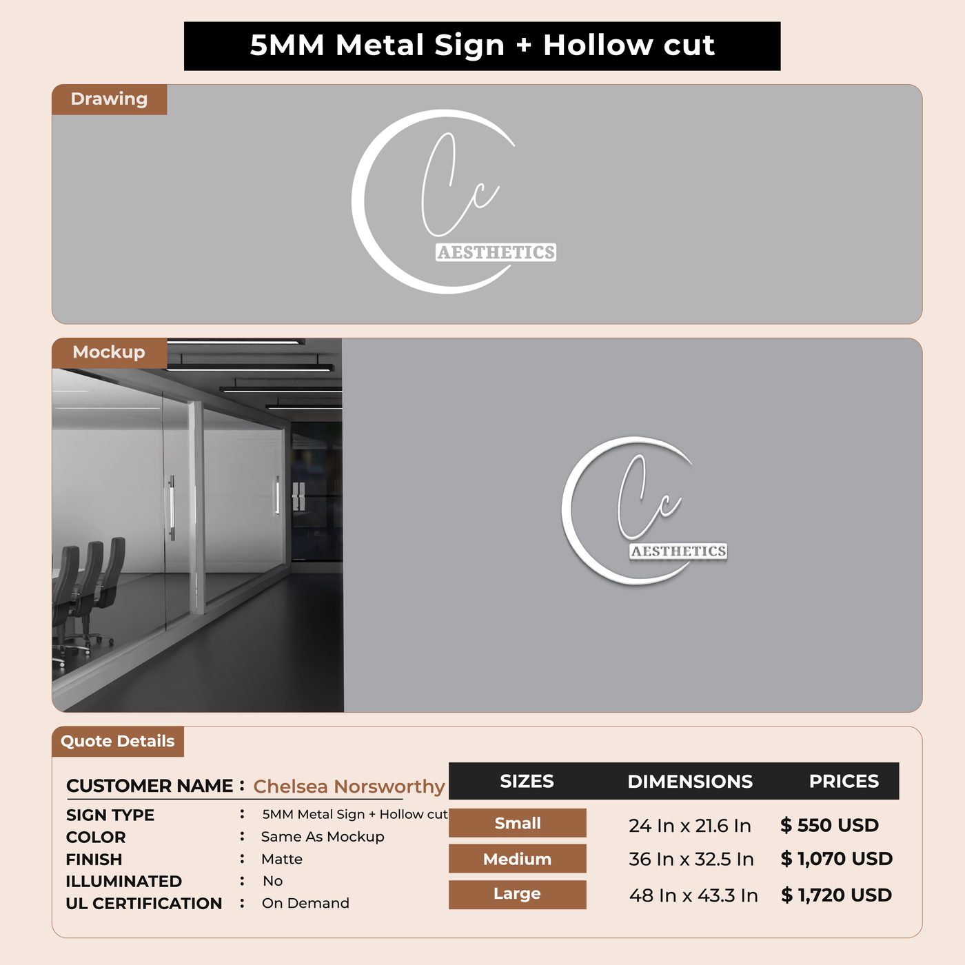 5MM Metal + Hollow cut Sign For Chelsea Norsworthy