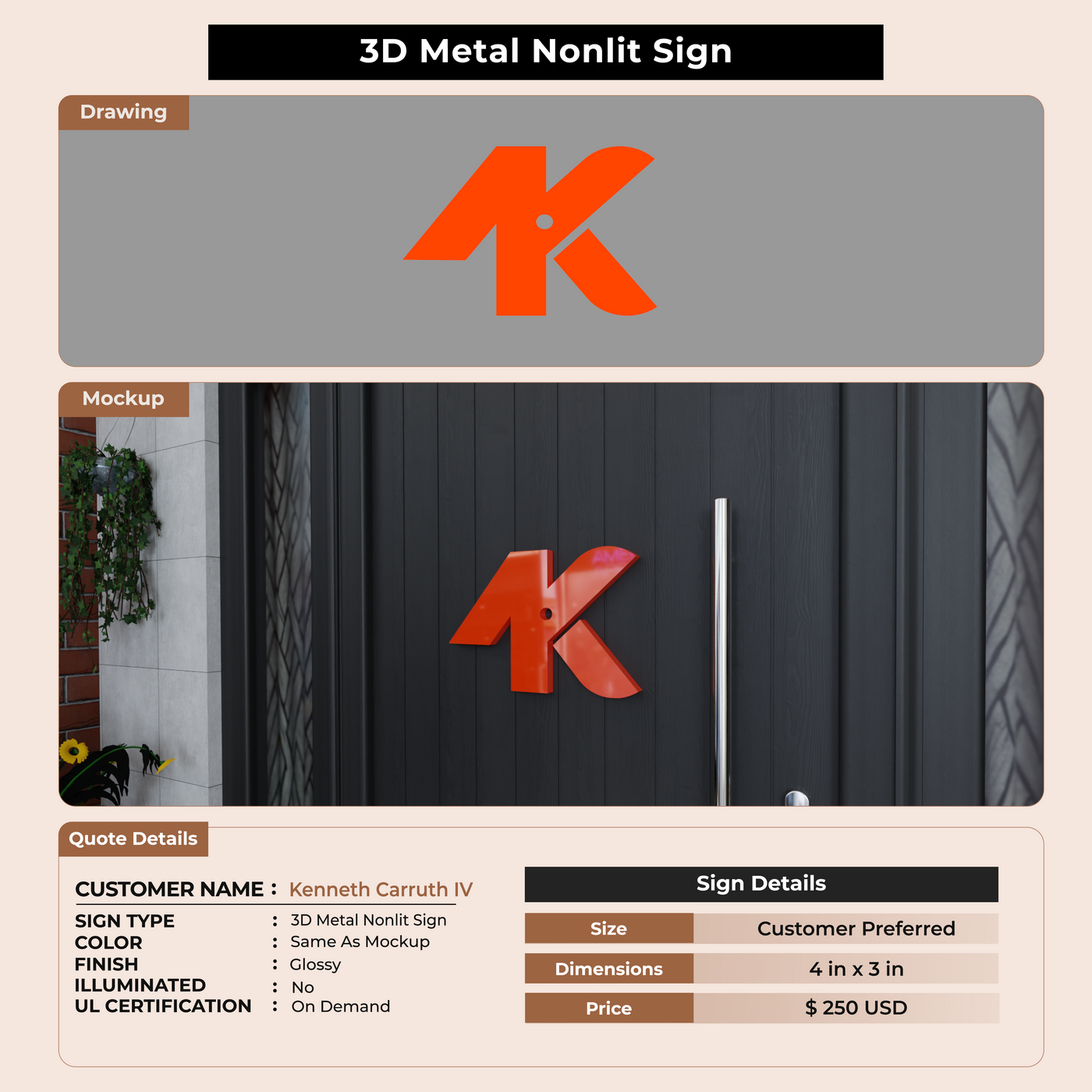 3D Metal Non-lit Sign For Kenneth Carruth IV