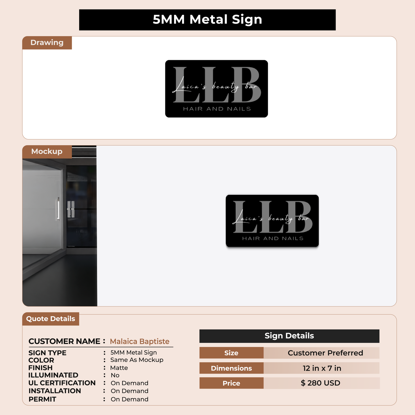 5MM Metal Sign For Malaica Baptiste