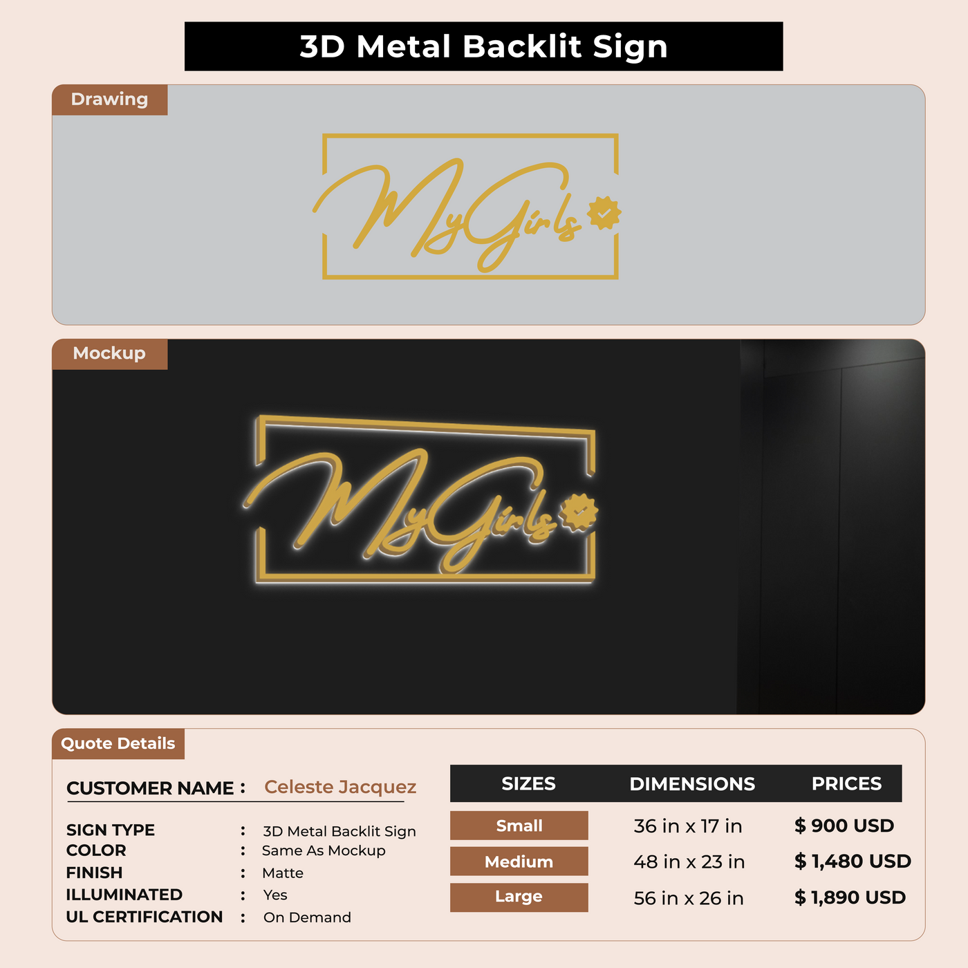 3D Metal Back-lit Sign For Celeste Jacquez