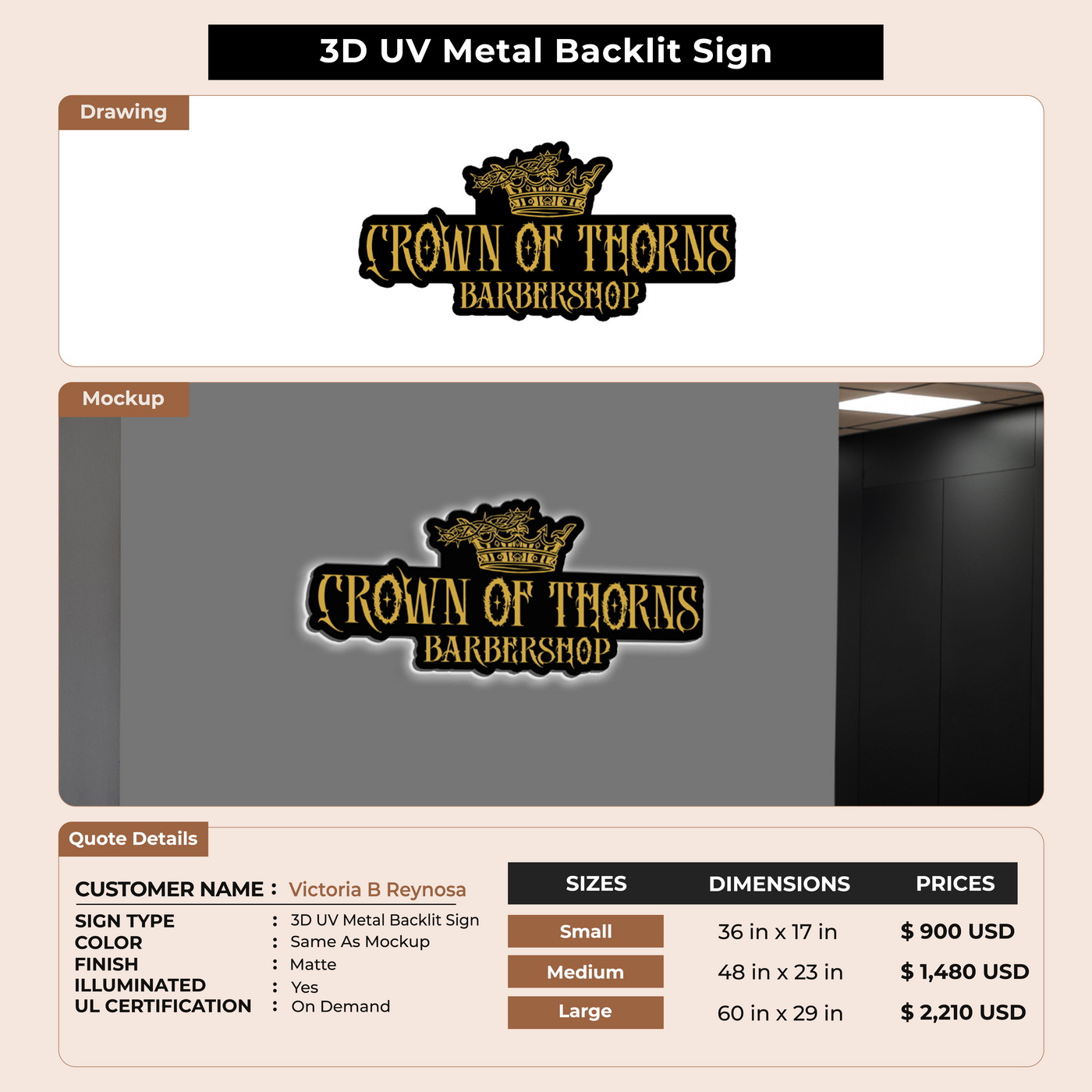 3D UV Metal Back-lit Sign For Victoria B Reynosa