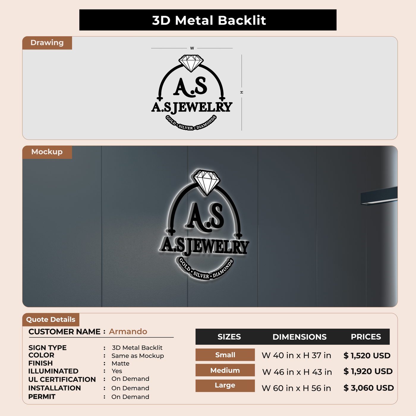 3D Metal Back-lit Sign For Armando
