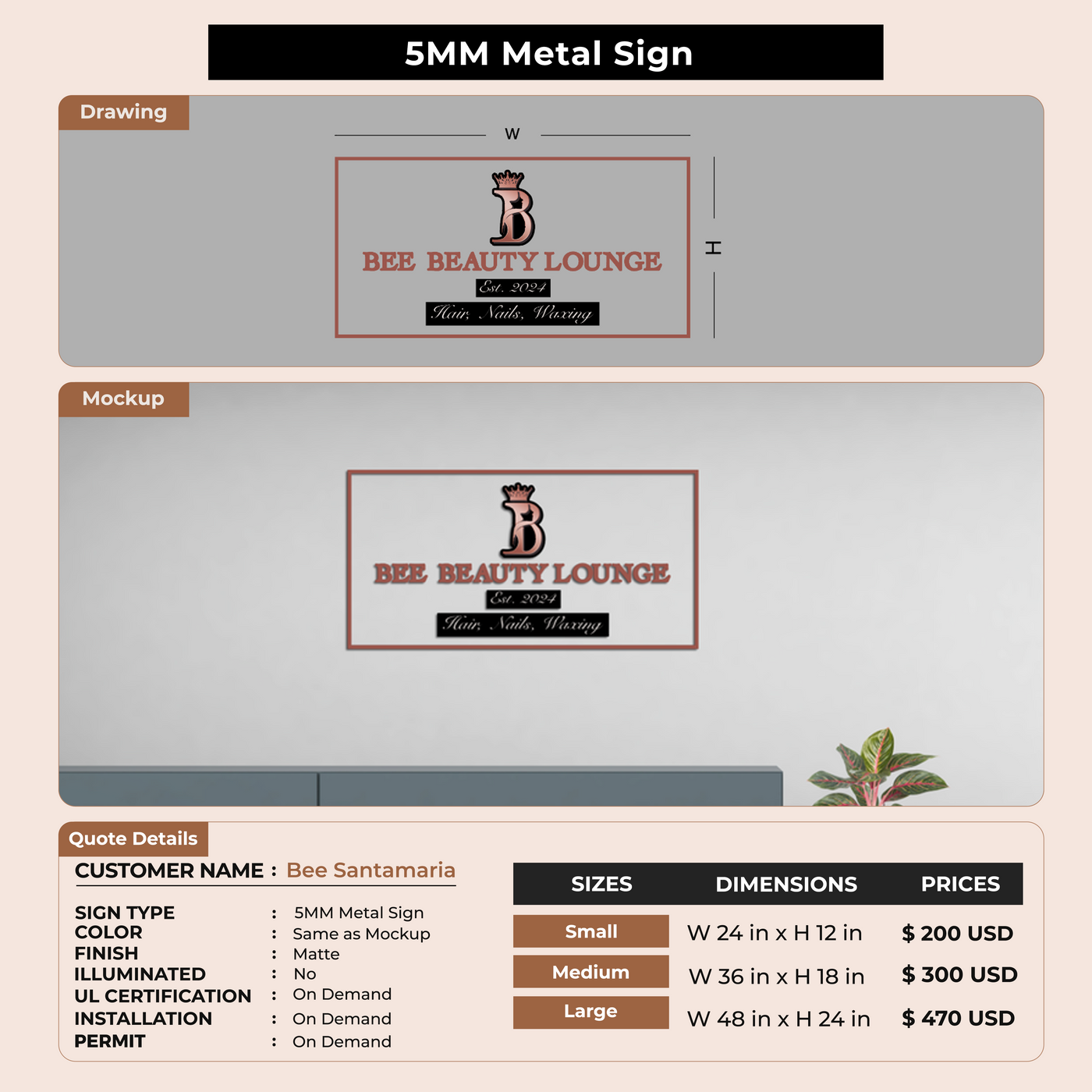 5mm metal sign for Bee Santamaria