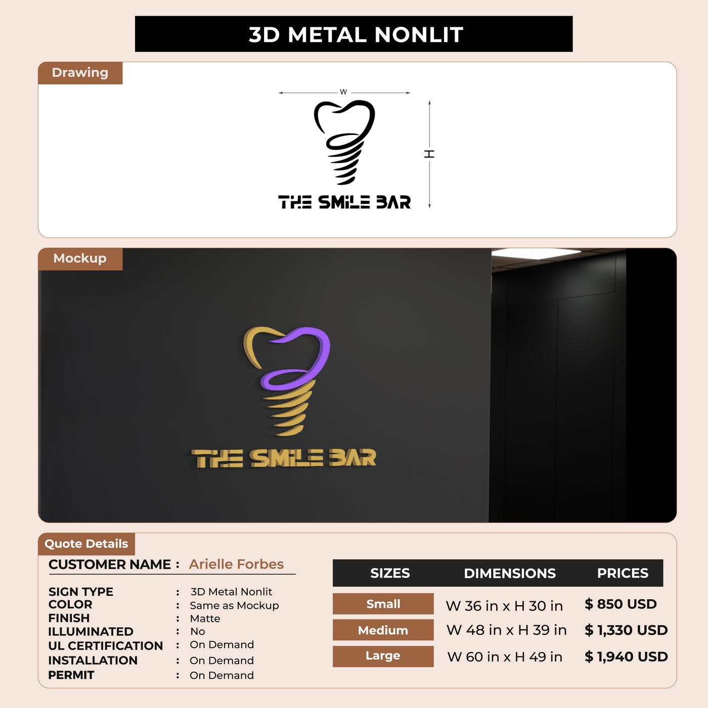 3D Metal Non-lit SIgn For Arielle Forbes