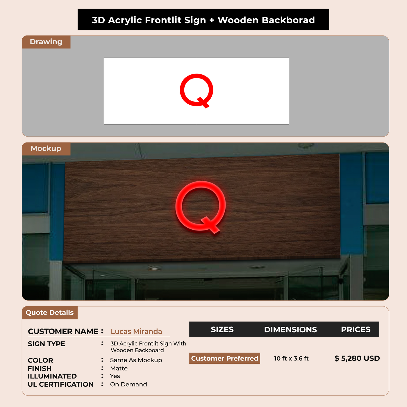 3D Acrylic Front-lit Sign With Wooden Backboard For Lucas Miranda