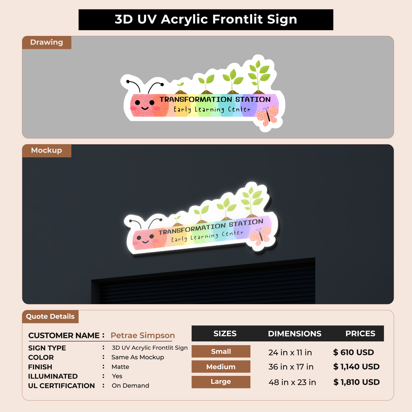3D UV Acrylic Front-lit Sign For Petrae Simpson