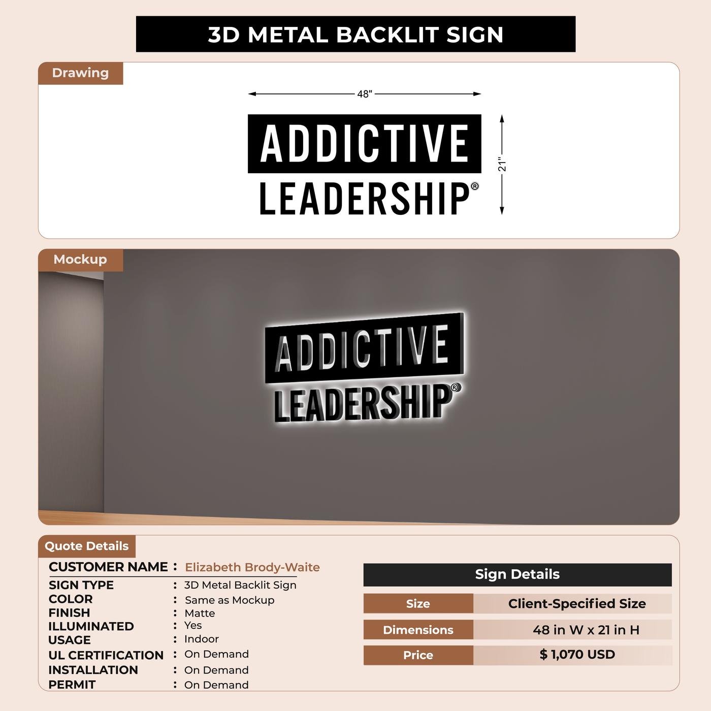 3D Metal Backlit Sign For Elizabeth Brody-Waite