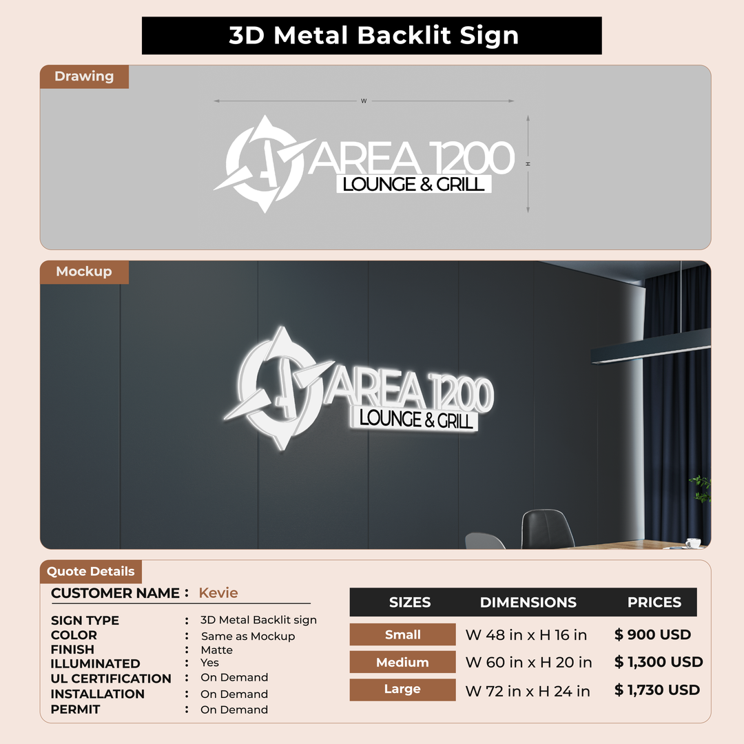 3D metal backlit Sign for Kevie