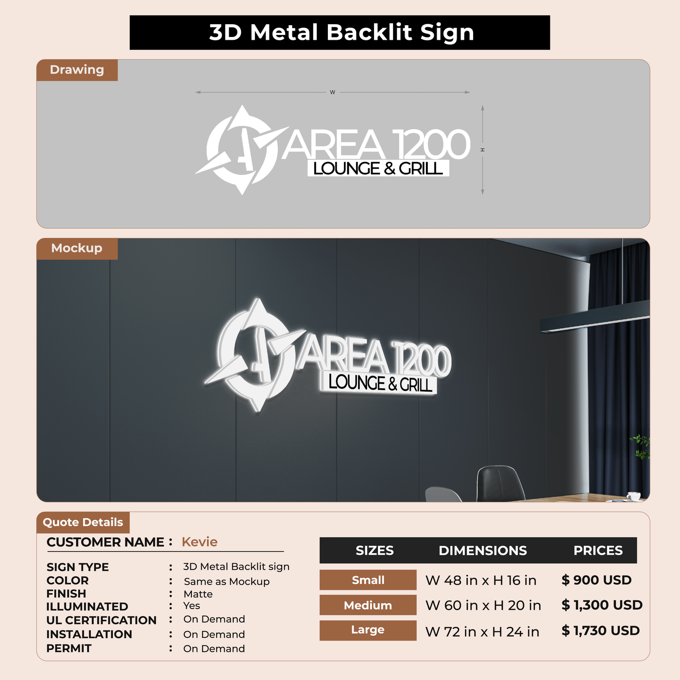 3D metal backlit Sign for Kevie