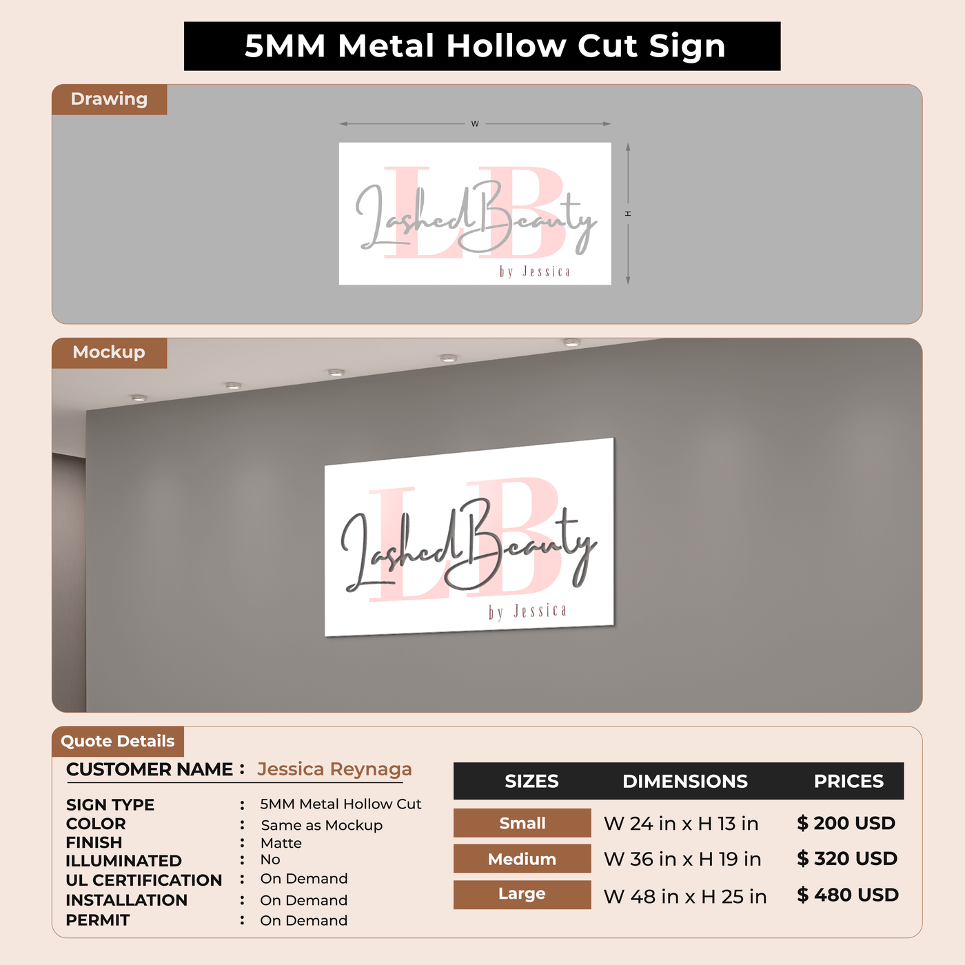 5mm metal hollow cut sign for Jessica Reynaga