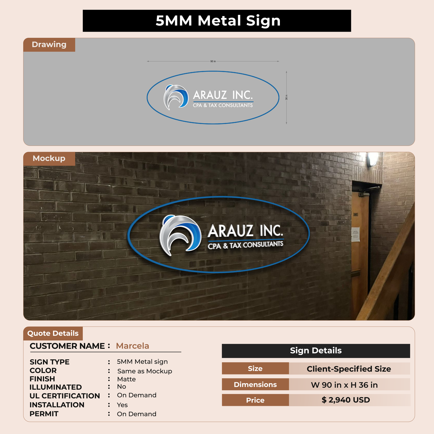 5mm Metal Sign for Marcela