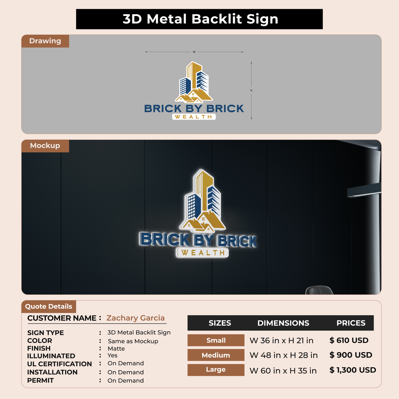 3D Metal Backlit Sign for Zachary Garcia