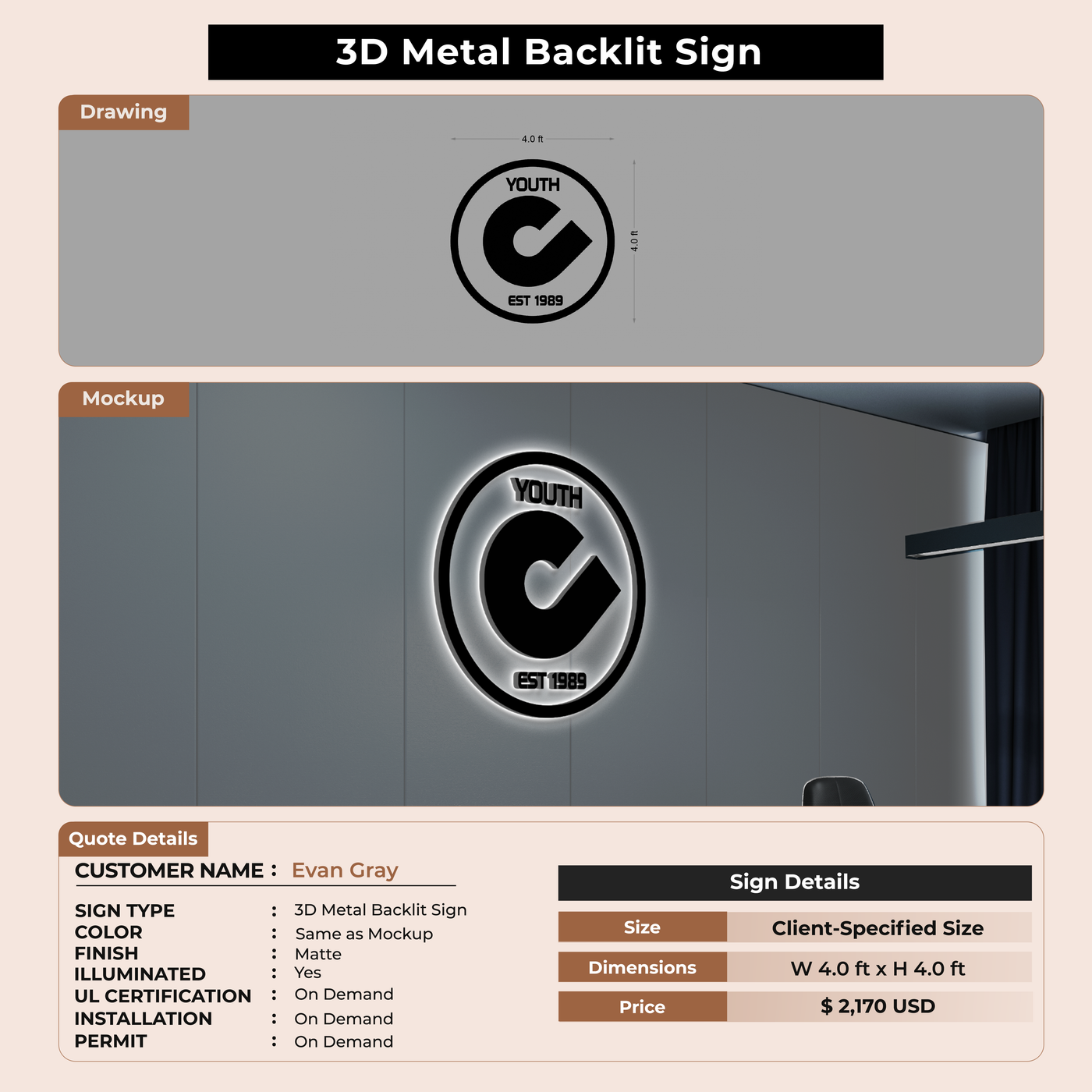 3D Metal Backlit Sign for Evan Gray