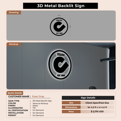 3D Metal Backlit Sign for Evan Gray